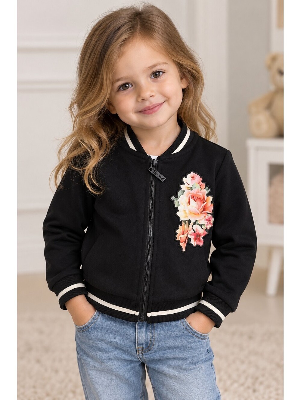 Brums Girls Black Floral Bomber Jacket 2Y Italy